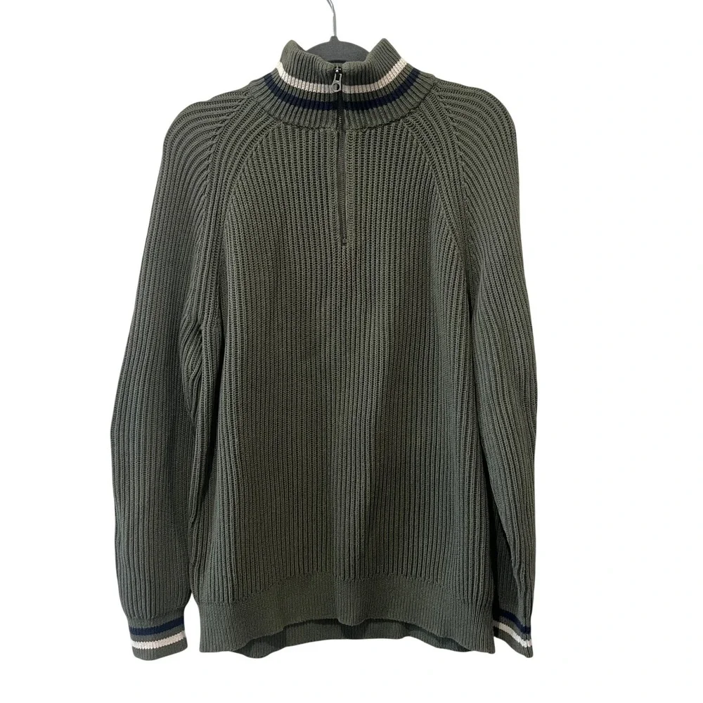 J Crew Ribbed Cotton Half Zip Sweater Green Knit Men's XL Mock‎ Neck Preppy